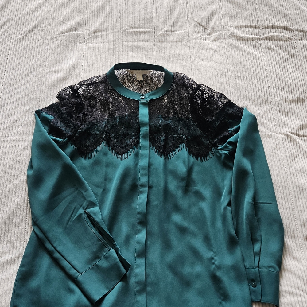 LC Lauren Conrad Teal Blouse with Black Lace Yoke